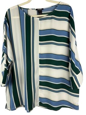 Olsen Striped Tunic Blouse XL 16 Blue Green Mixed Stripe 3/4 Sleeve Top
